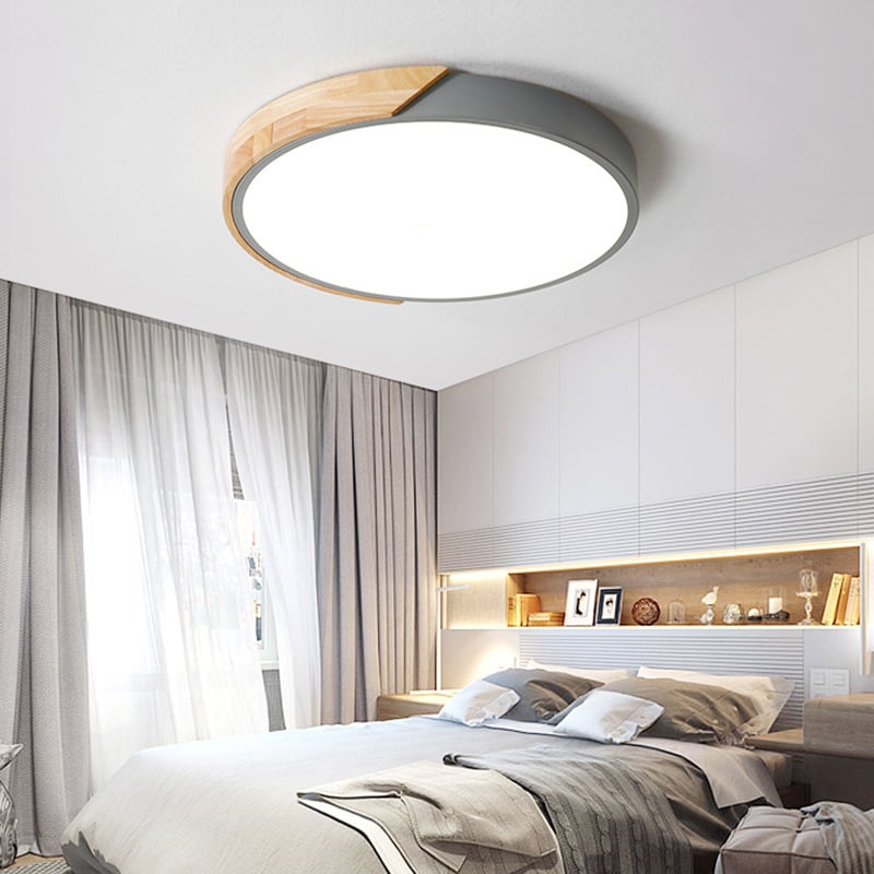 Modern Minimalist Mini LED Gray Drum Shaped Wood & Acrylic Flush Mount Ceiling Light window image