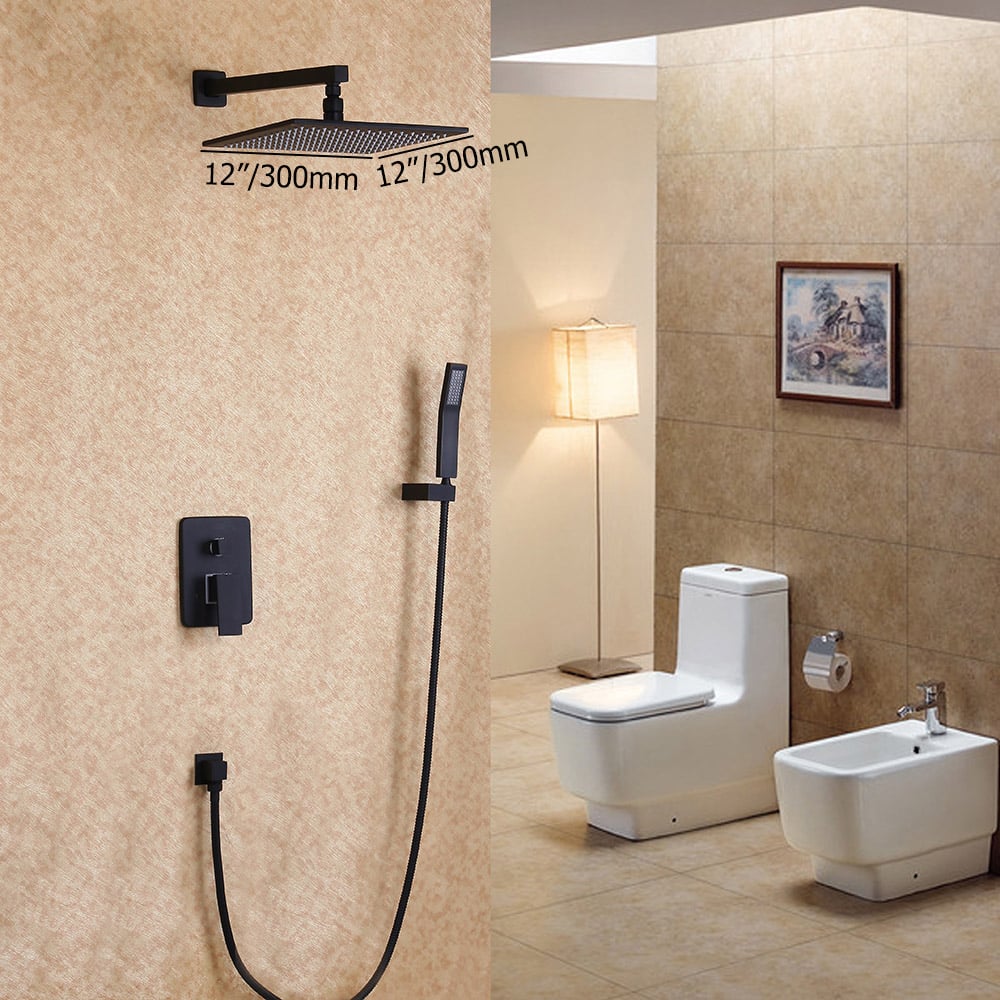 Dree Modern Matte Black Wall Mounted 12" Square Rain Shower & Handheld ...