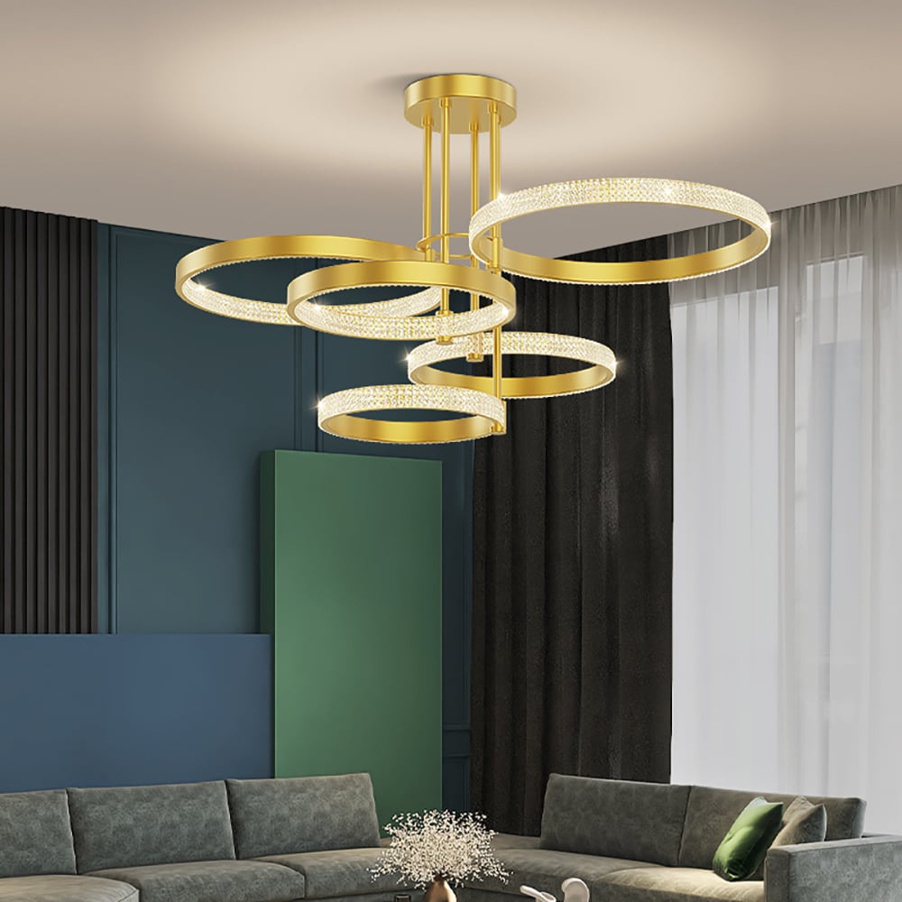Gold Brass Semi Flush Mount light 5-Light Ring LED Ceiling Light window image