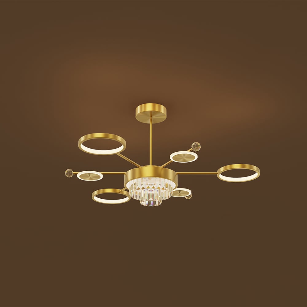 7-Light Gold Sputnik LED Chandelier Brass Ceiling Light with Crystal Accents window image