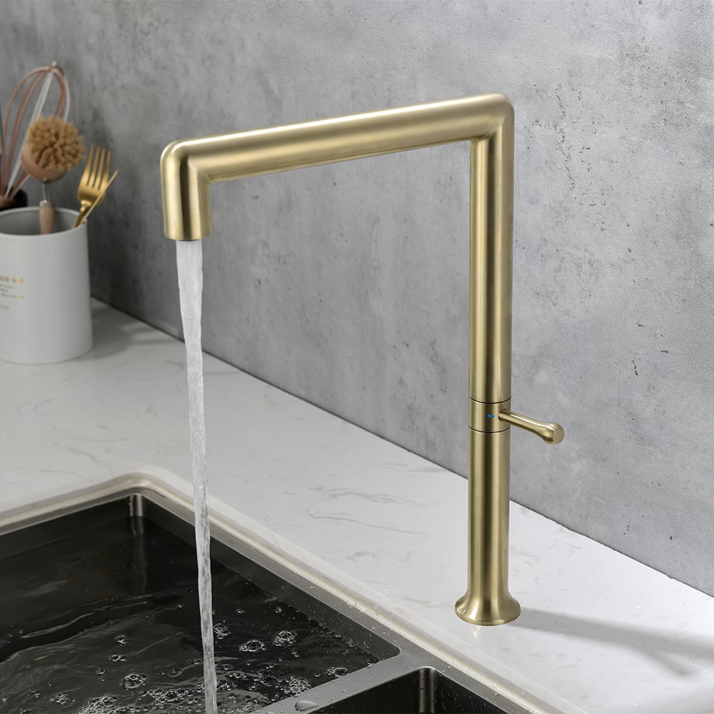 Modern Single Handle Swivel Control Kitchen Tap Stainless Steel in Brushed Gold window image