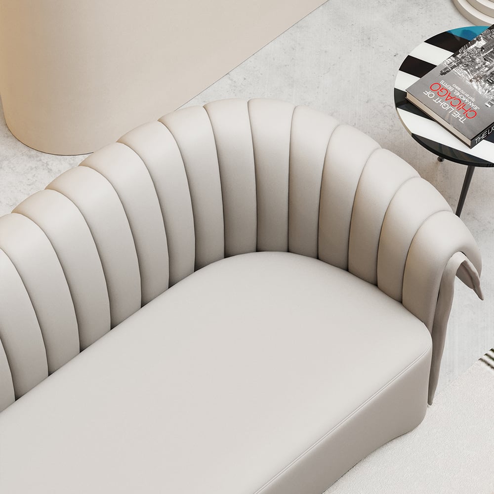 74" Off-White Curved Loveseat Microfiber Leather with Full Back & Slope Arms Sofa window image
