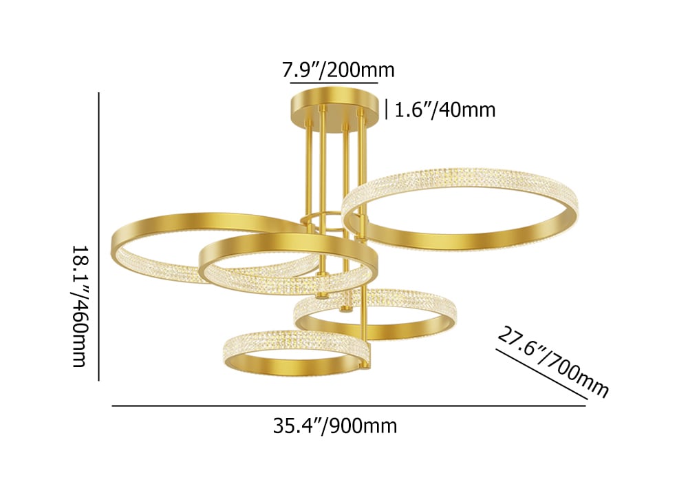 Gold Brass Semi Flush Mount light 5-Light Ring LED Ceiling Light weights dimensions image