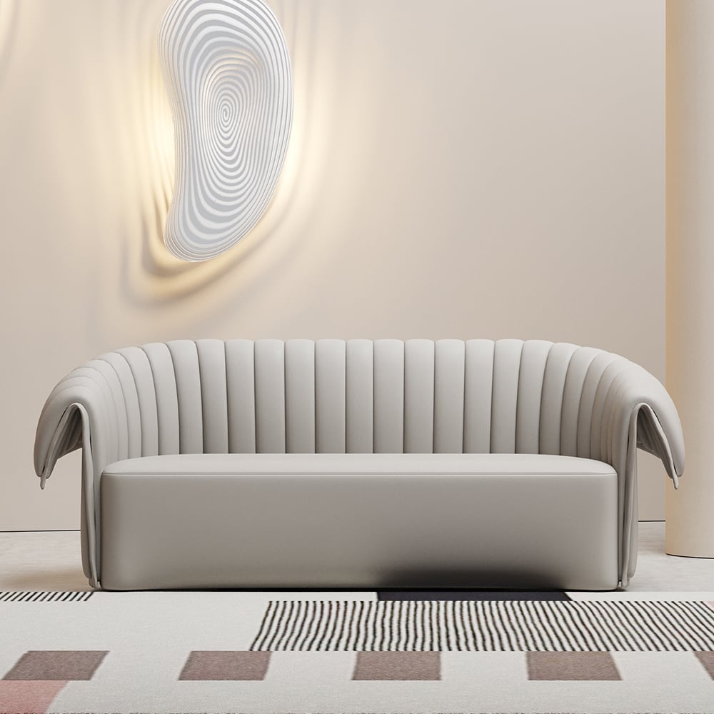 74" Off-White Curved Loveseat Microfiber Leather with Full Back & Slope Arms Sofa window image