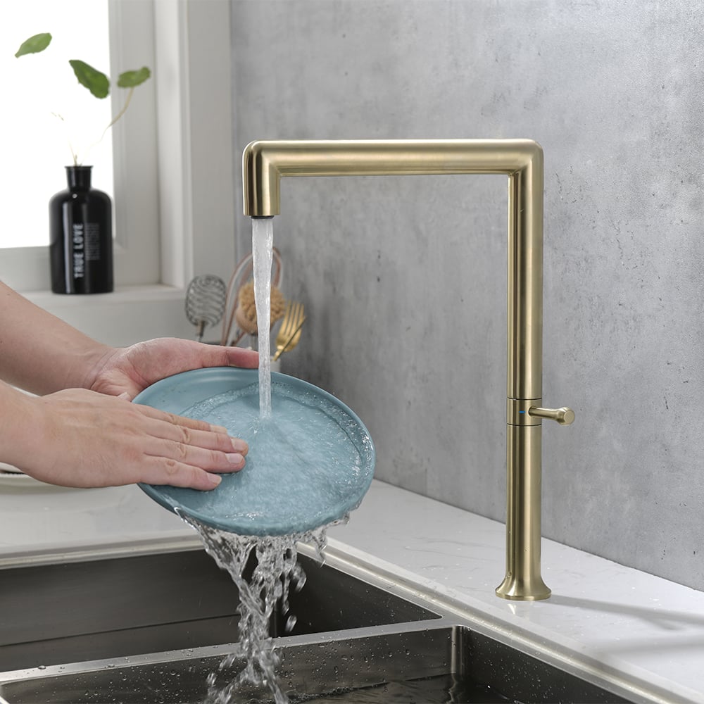 Modern Single Handle Swivel Control Kitchen Tap Stainless Steel in Brushed Gold window image