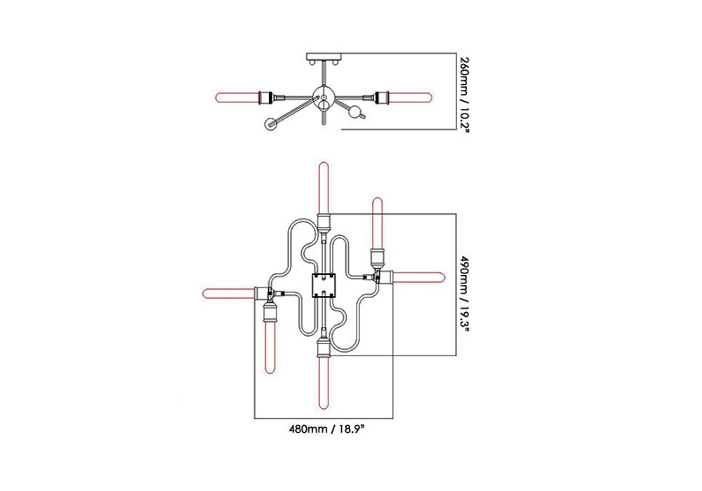 6-Light Retro Rust Semi Flush Mount Light with Bulbs weights dimensions image
