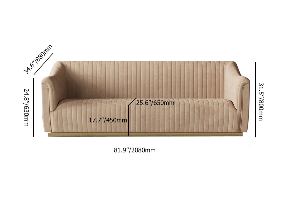 Canapé en velours minimaliste kaki 2080 mm avec accoudoirs inclinés et base en métal pour 3 places Poids, dimensions, image