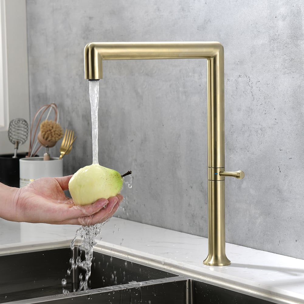 Modern Single Handle Swivel Control Kitchen Tap Stainless Steel in Brushed Gold window image