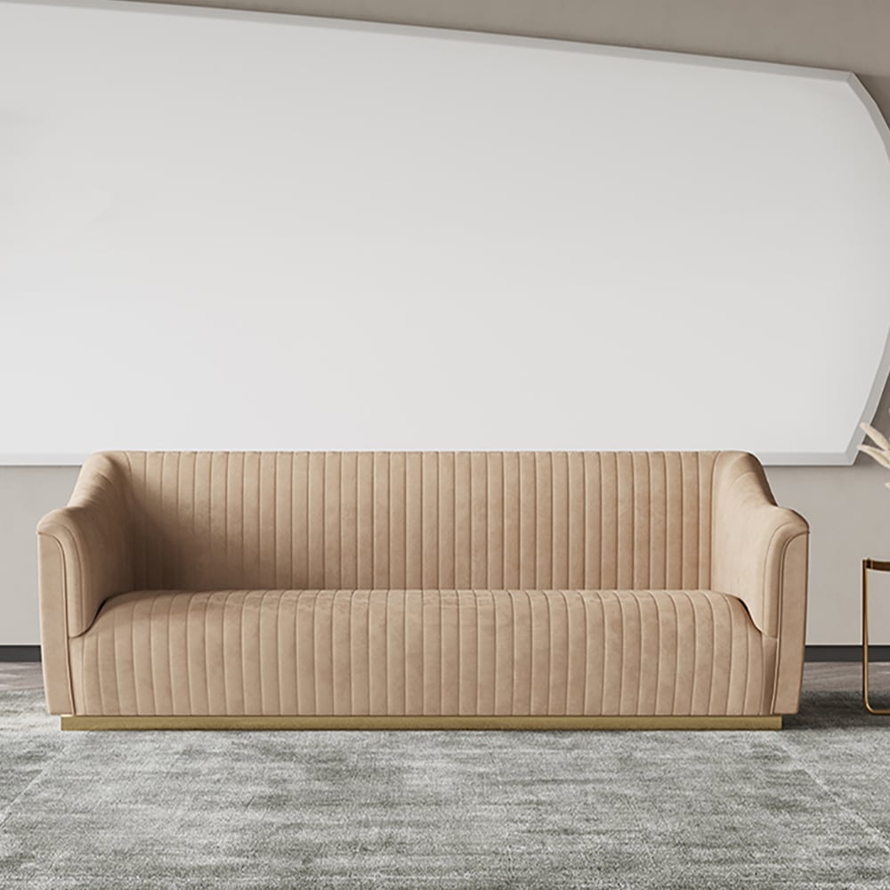 Canapé en velours minimaliste kaki 2080 mm avec accoudoirs inclinés et base en métal pour 3 places image de fenêtre