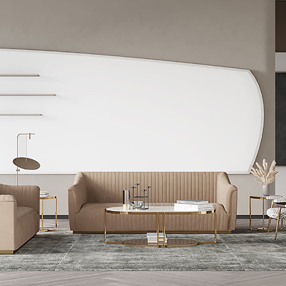 Canapé en velours minimaliste kaki 2080 mm avec accoudoirs inclinés et base en métal pour 3 places image de fenêtre