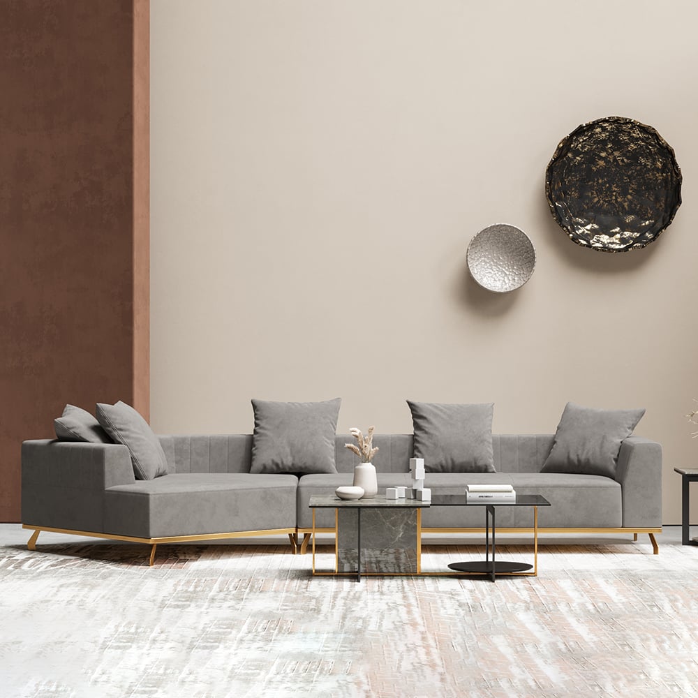 Sectionnel modulaire rembourré en velours moderne gris 3620mm pour canapé 5 places image de fenêtre