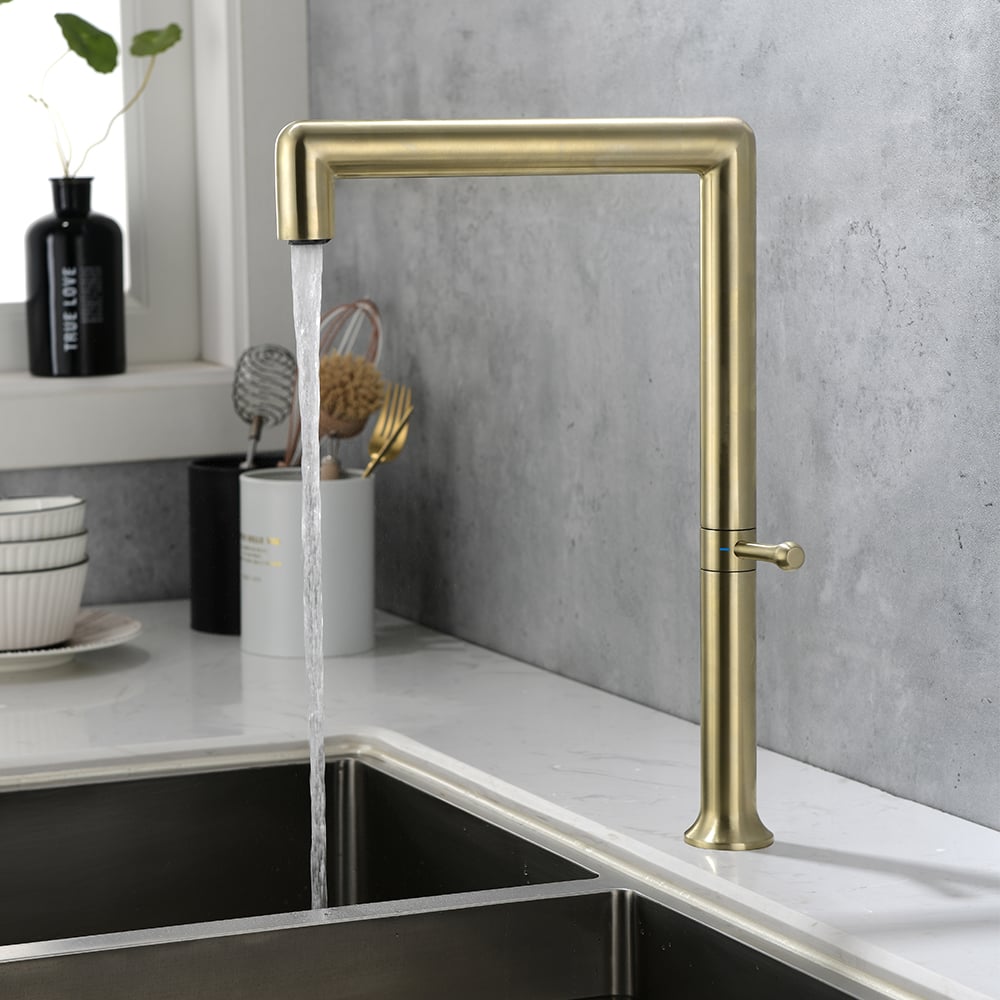 Modern Single Handle Swivel Control Kitchen Tap Stainless Steel in Brushed Gold window image