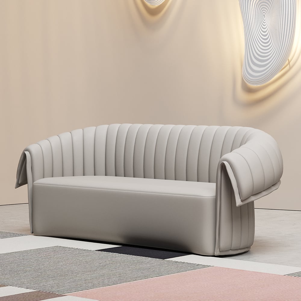 74" Off-White Curved Loveseat Microfiber Leather with Full Back & Slope Arms Sofa window image