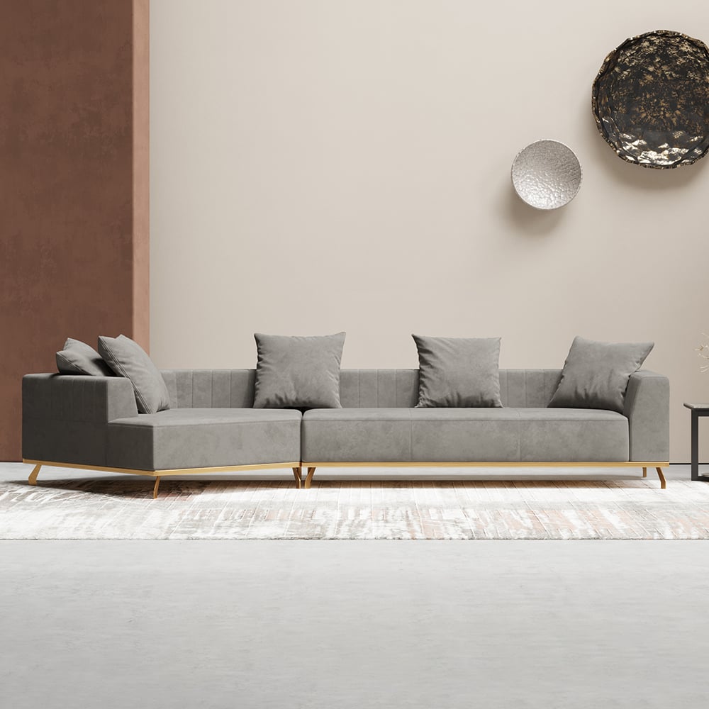 Sectionnel modulaire rembourré en velours moderne gris 3620mm pour canapé 5 places image de fenêtre