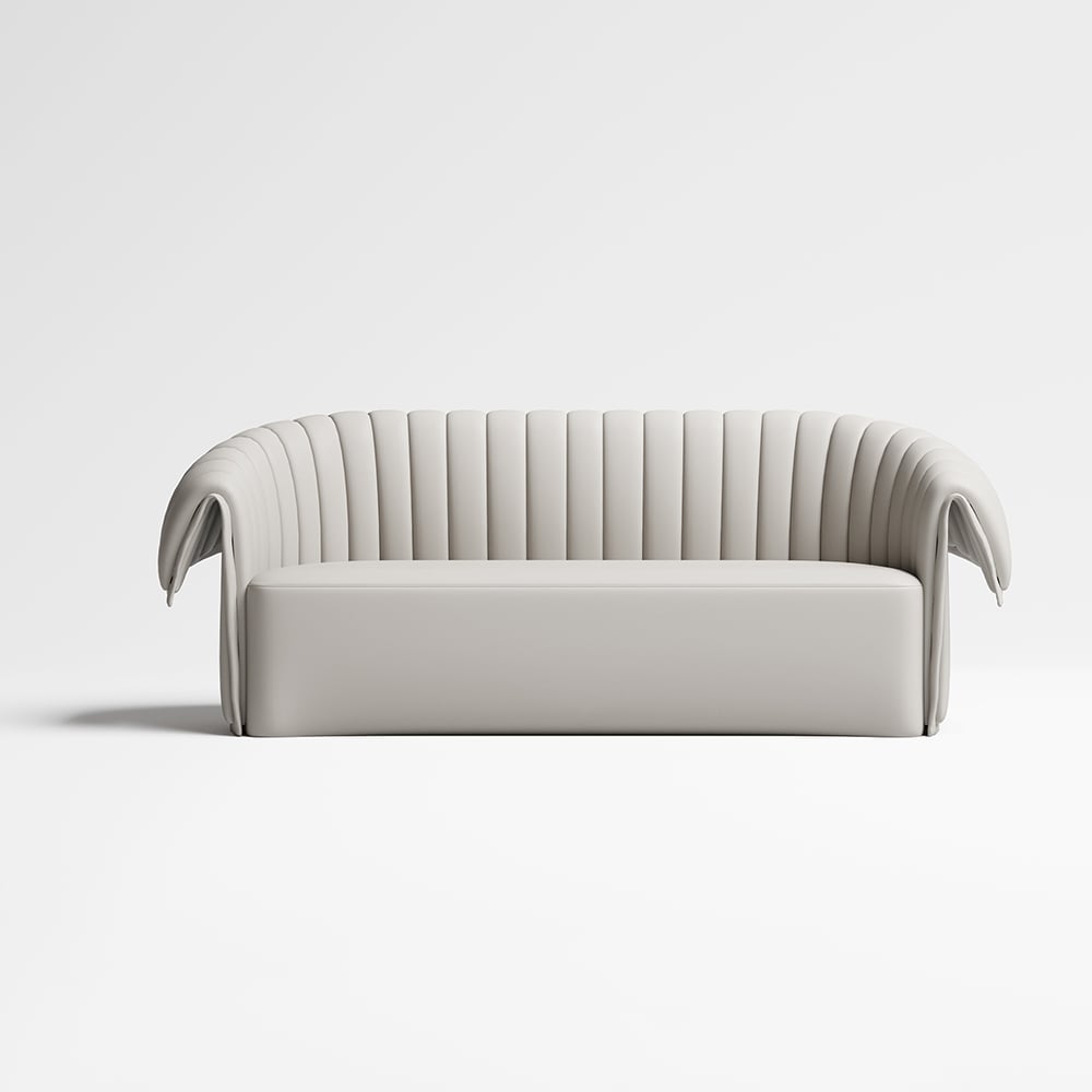 74" Off-White Curved Loveseat Microfiber Leather with Full Back & Slope Arms Sofa window image
