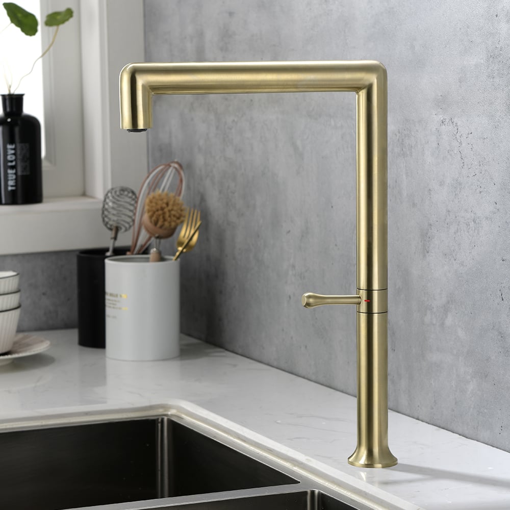 Modern Single Handle Swivel Control Kitchen Tap Stainless Steel in Brushed Gold window image