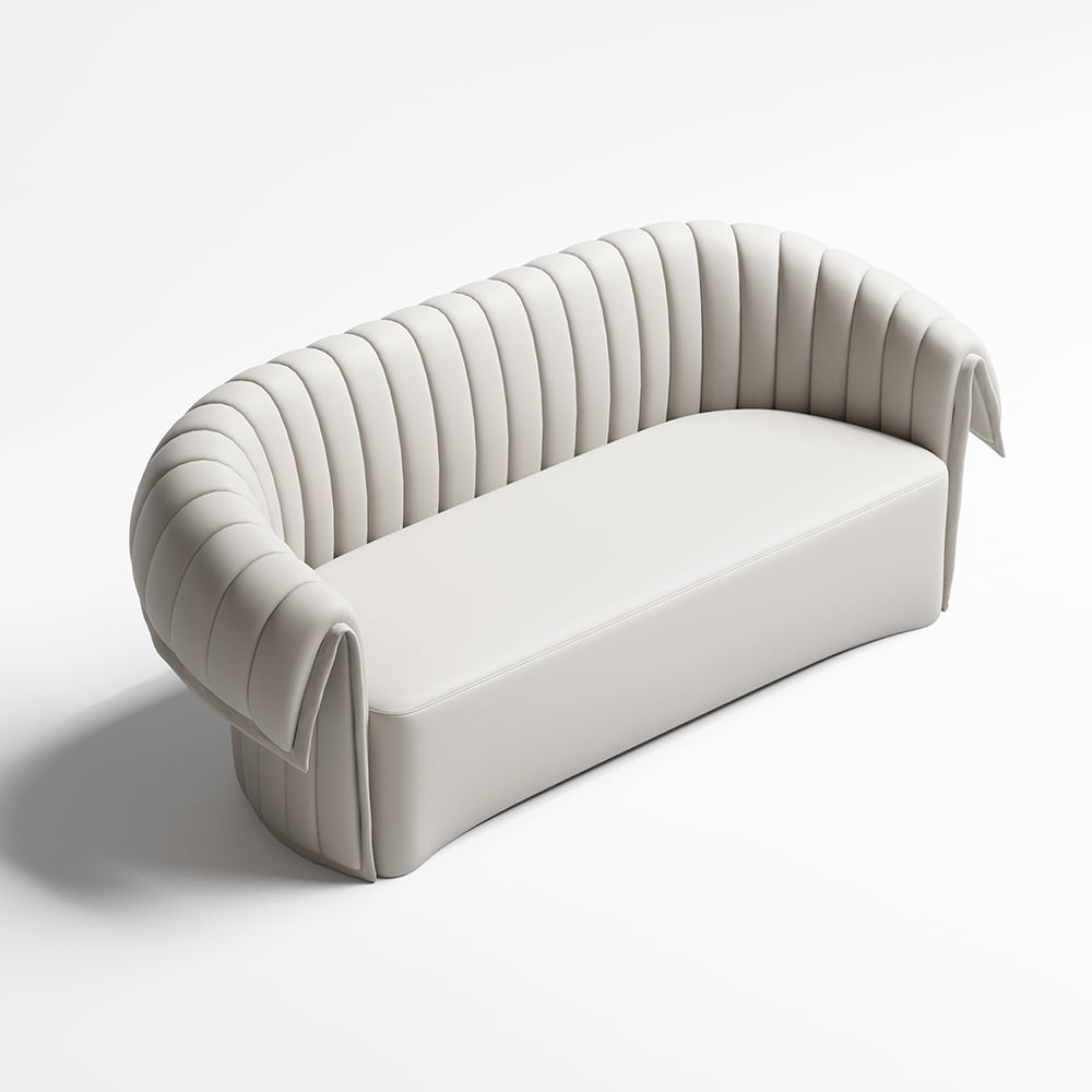 74" Off-White Curved Loveseat Microfiber Leather with Full Back & Slope Arms Sofa window image