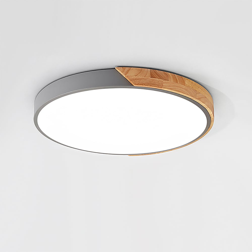 Modern Minimalist Mini LED Gray Drum Shaped Wood & Acrylic Flush Mount Ceiling Light window image