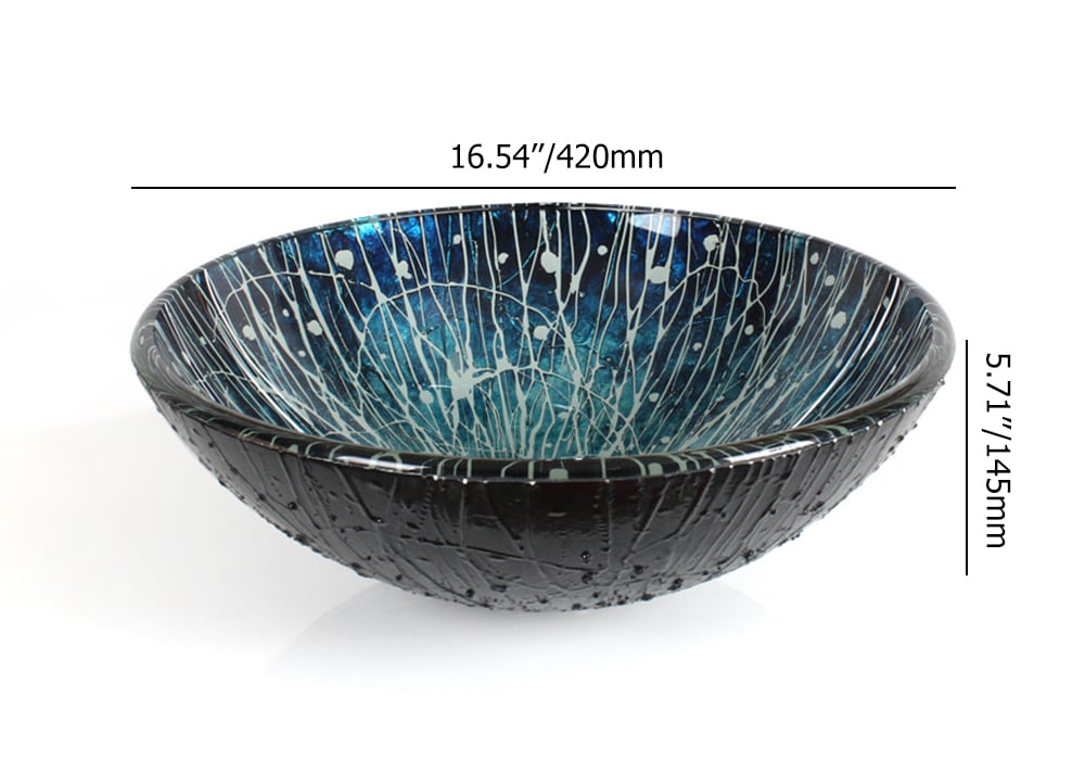 Modern Blue Hand Painted Tempered Glass Vessel Sink for Bathroom weights dimensions image