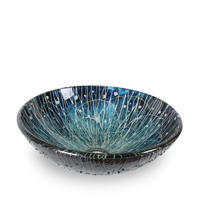 Modern Blue Hand Painted Tempered Glass Vessel Sink for Bathroom window image