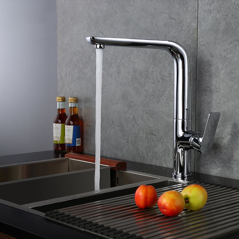 Contemporary Single Lever Swivel Spout One-Hole Kitchen Faucet-Chrome window image