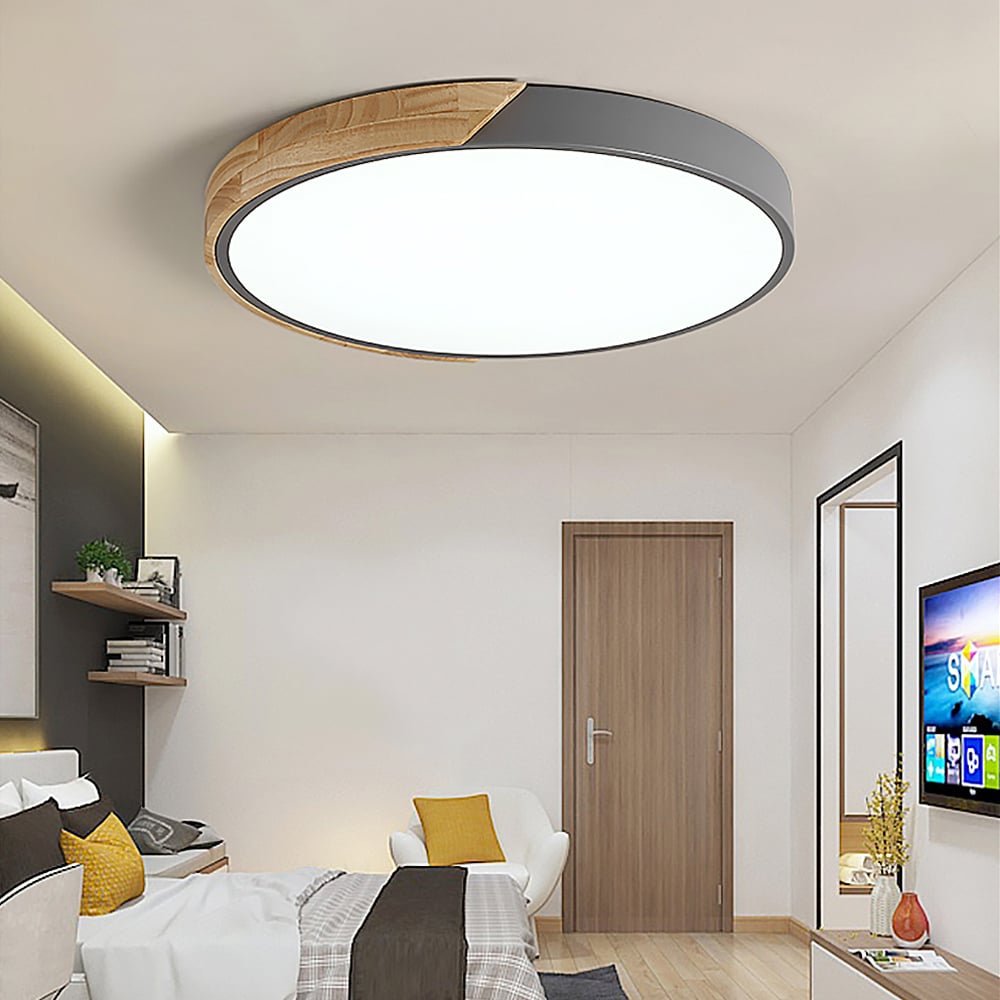 Modern Minimalist Mini LED Gray Drum Shaped Wood & Acrylic Flush Mount Ceiling Light window image