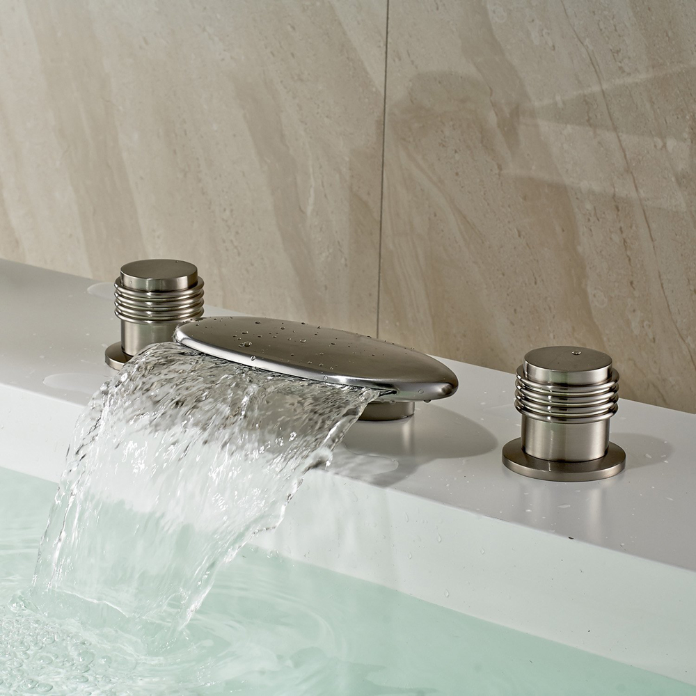 Clam Widespread LED Waterfall Two Handles Brushed Nickel Bathroom Faucet window image