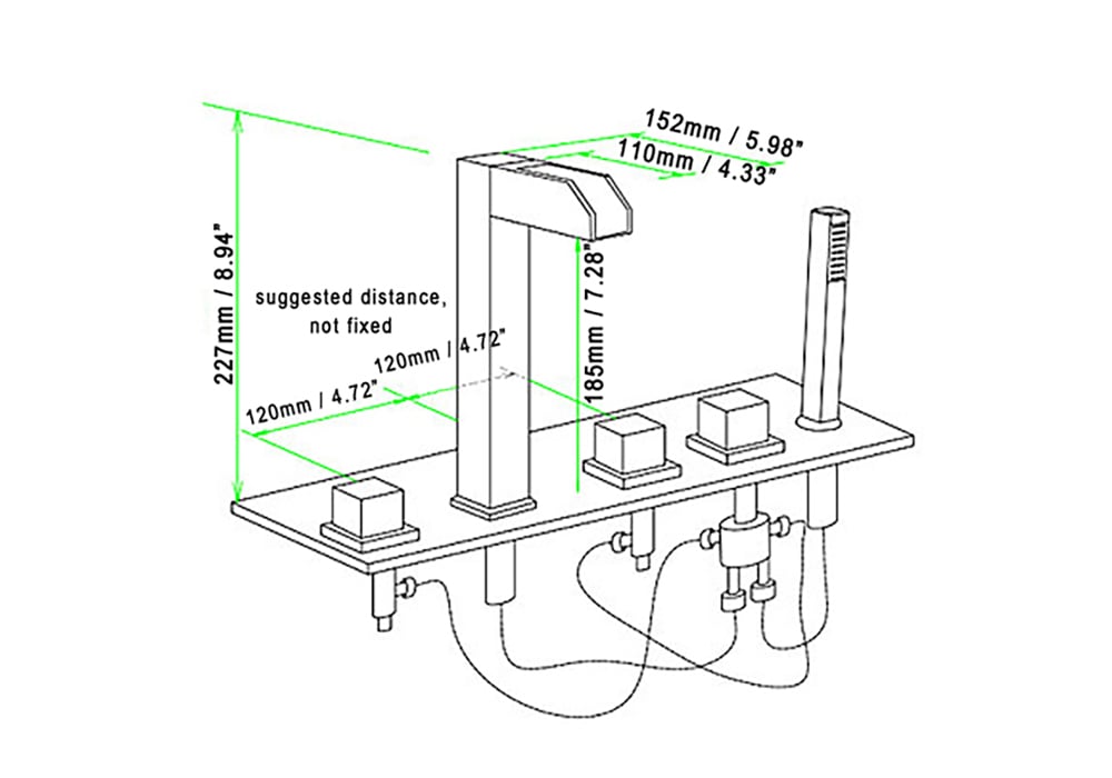 Varo LED Chrome Waterfall Roman Tub Filler and Handshower weights dimensions image
