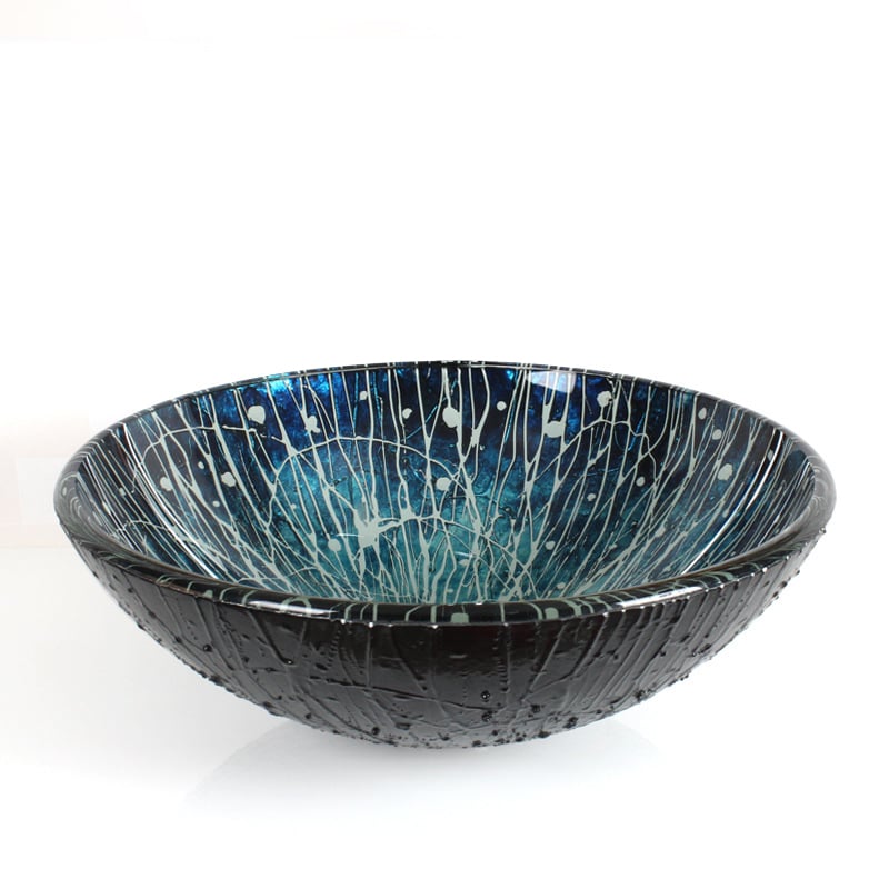 Modern Blue Hand Painted Tempered Glass Vessel Sink for Bathroom window image