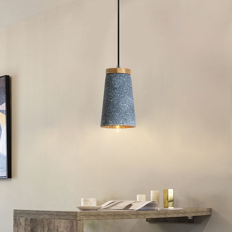 Modern Minimalist Concrete Light Shade Wood Accent 1-Light Loft Pendant Light in Gray window image