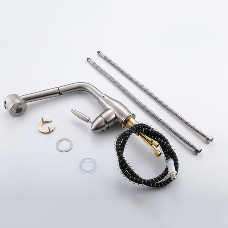 Modern Single Lever Brushed Nickel Kitchen Faucet with Dual Pullout Sprayer window image