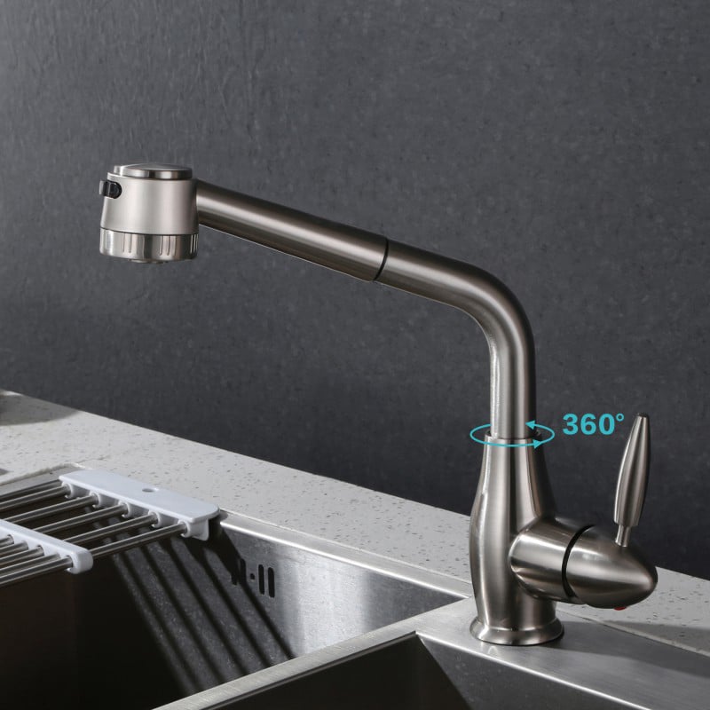 Modern Single Lever Brushed Nickel Kitchen Faucet with Dual Pullout Sprayer window image