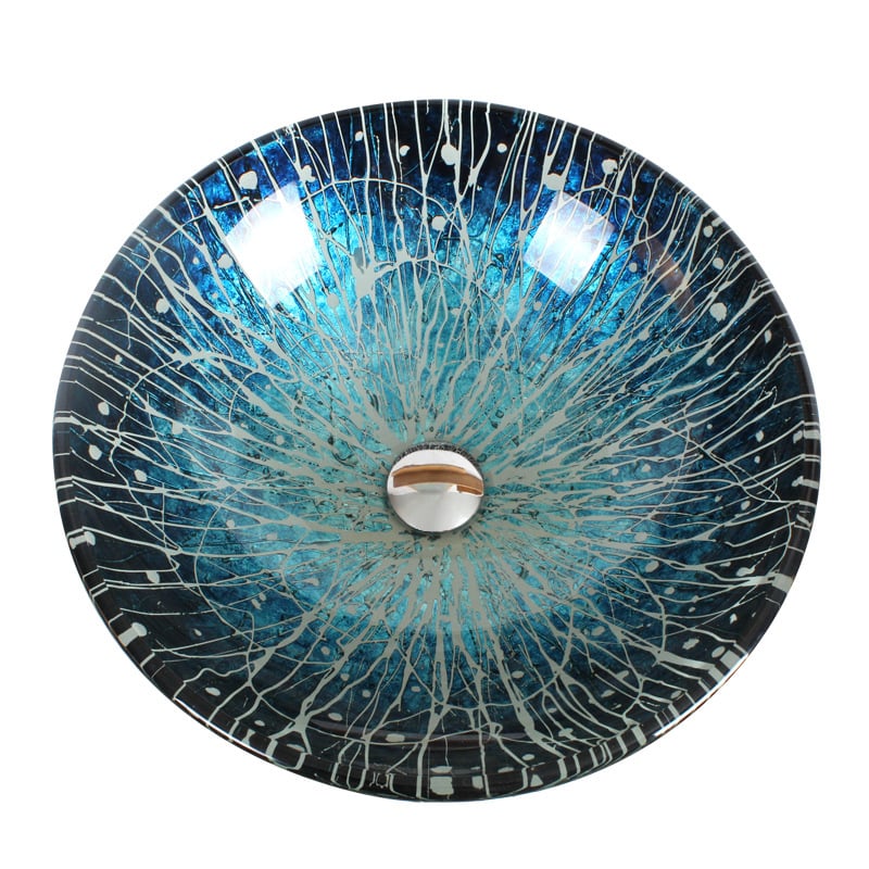 Modern Blue Hand Painted Tempered Glass Vessel Sink for Bathroom window image
