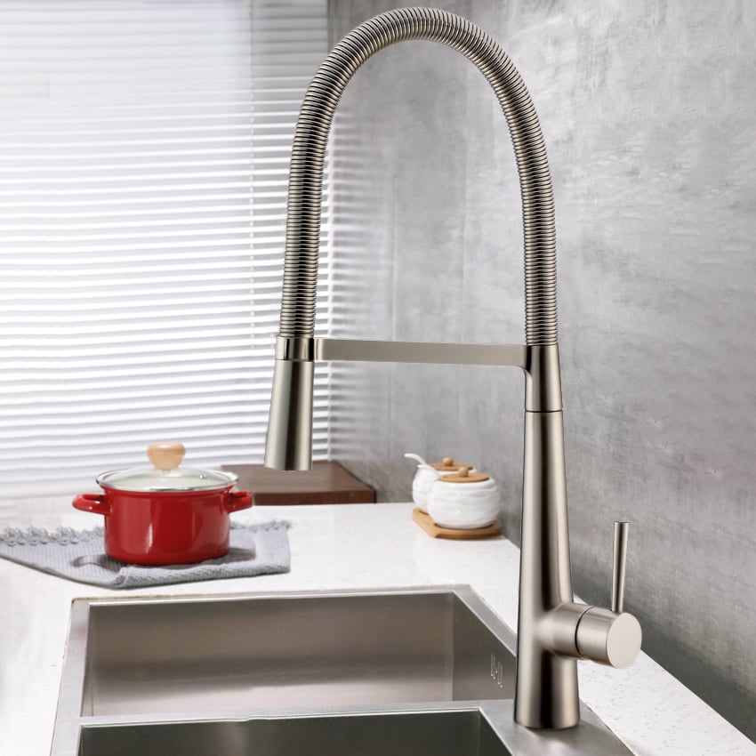 Opula Modern Swing Arm Brushed Nickel Kitchen Faucet window image