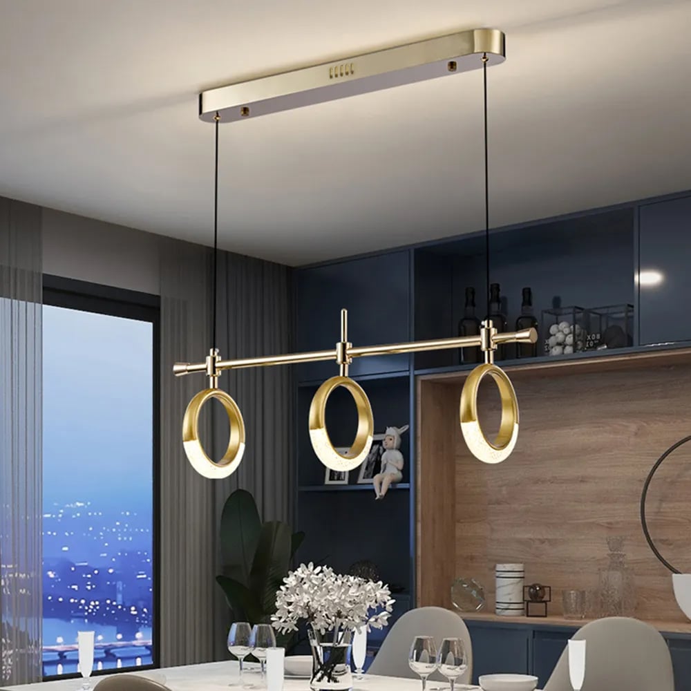 Luz de isla de cocina LED de acrílico dorado lineal de 3 luces para comedor Imagen de ventana