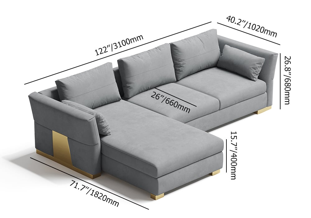 122" L-Shaped Gray Velvet Modular Sectional Sofa with Chaise Lounge for 4 Seaters weights dimensions image