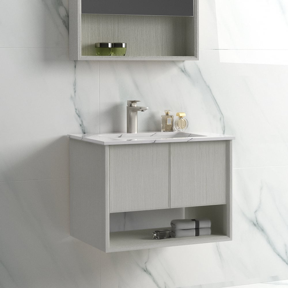 Lavabo en céramique intégré de vanité de salle de bain mural naturel de 600 mm avec portes et étagère image de fenêtre