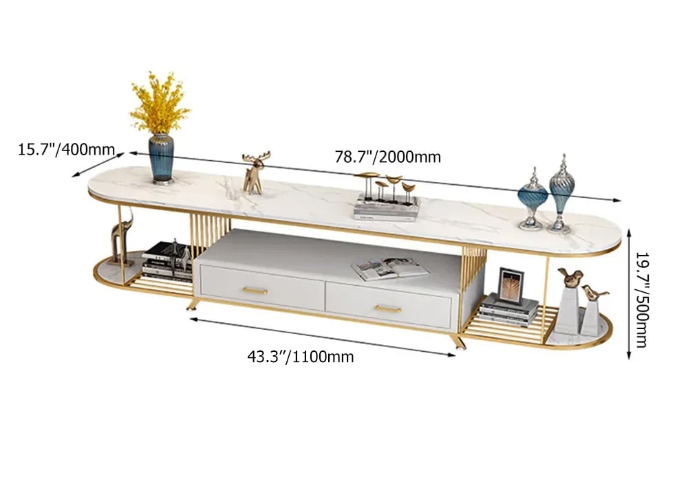79" White TV Stand Oval Entertainment Console with Storage in Gold weights dimensions image