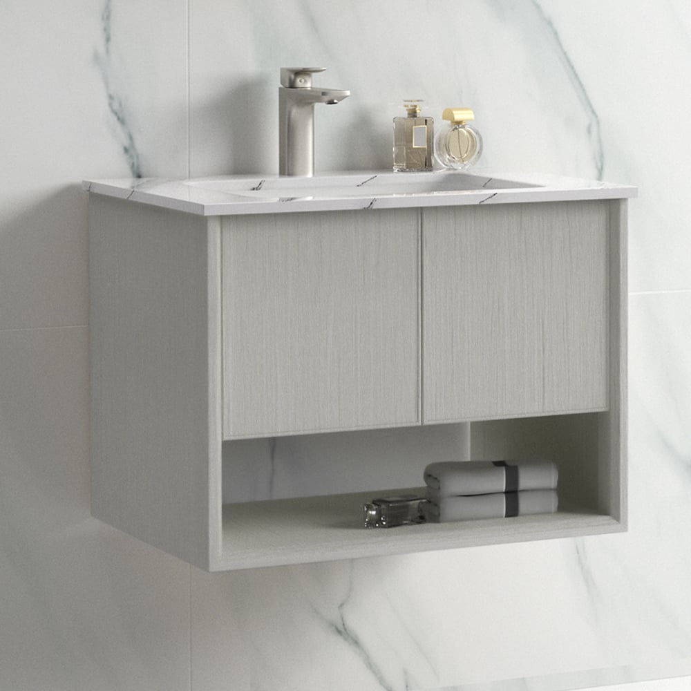 Lavabo en céramique intégré de vanité de salle de bain mural naturel de 600 mm avec portes et étagère image de fenêtre