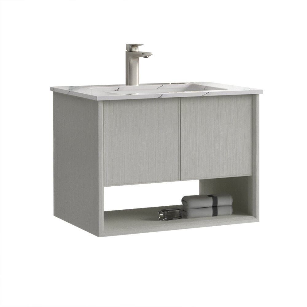 Lavabo en céramique intégré de vanité de salle de bain mural naturel de 600 mm avec portes et étagère image de fenêtre