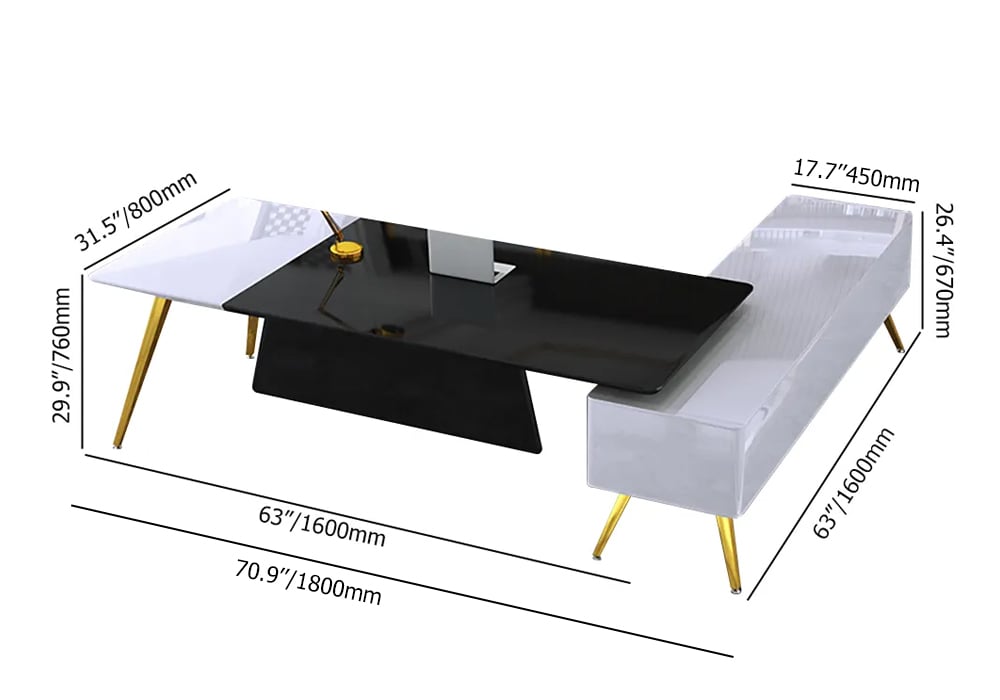 Bureau de direction d'angle gauche moderne en forme de L de 71 po en blanc, or et noir Poids, dimensions, image