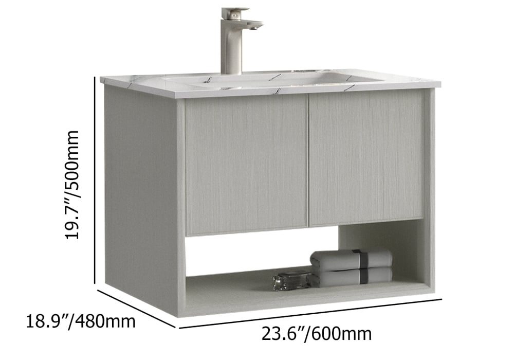 Lavabo en céramique intégré de vanité de salle de bain mural naturel de 600 mm avec portes et étagère Poids, dimensions, image