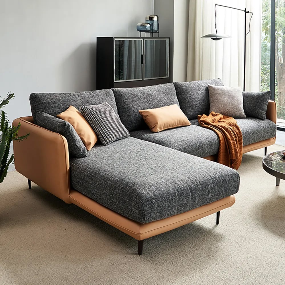 Canapé d'angle moderne gris et orange en forme de L avec chaise longue 2830 mm image de fenêtre