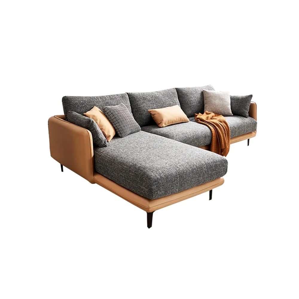 Canapé d'angle moderne gris et orange en forme de L avec chaise longue 2830 mm image de fenêtre