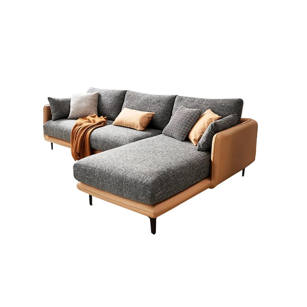 Sofá secional moderno em forma de L de 111 polegadas, cinza e laranja, poltrona com espreguiçadeira Imagem da janela