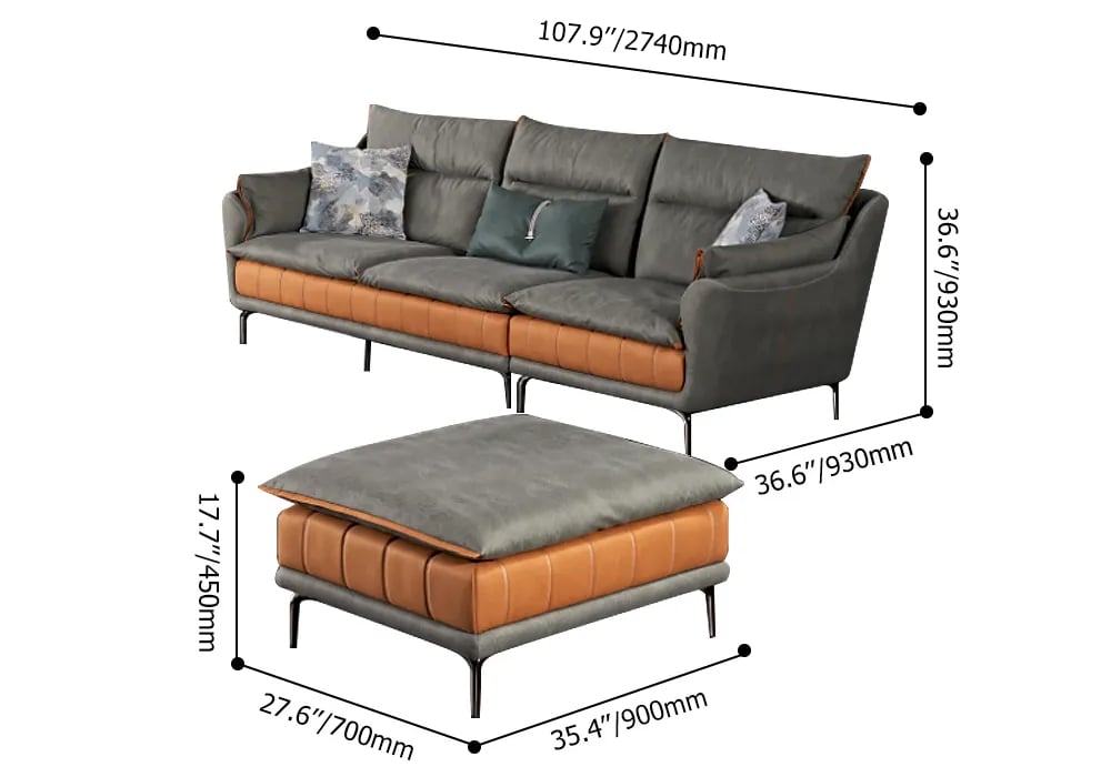 Sofa sectionnel moderne 2 pièces avec tabouret, revêtement en cuir gris Poids, dimensions, image