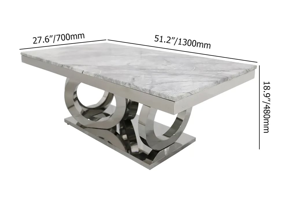 Moderní šedý obdélníkový konferenční stolek z umělého mramoru z nerezové oceli váhy a rozměry obrázku