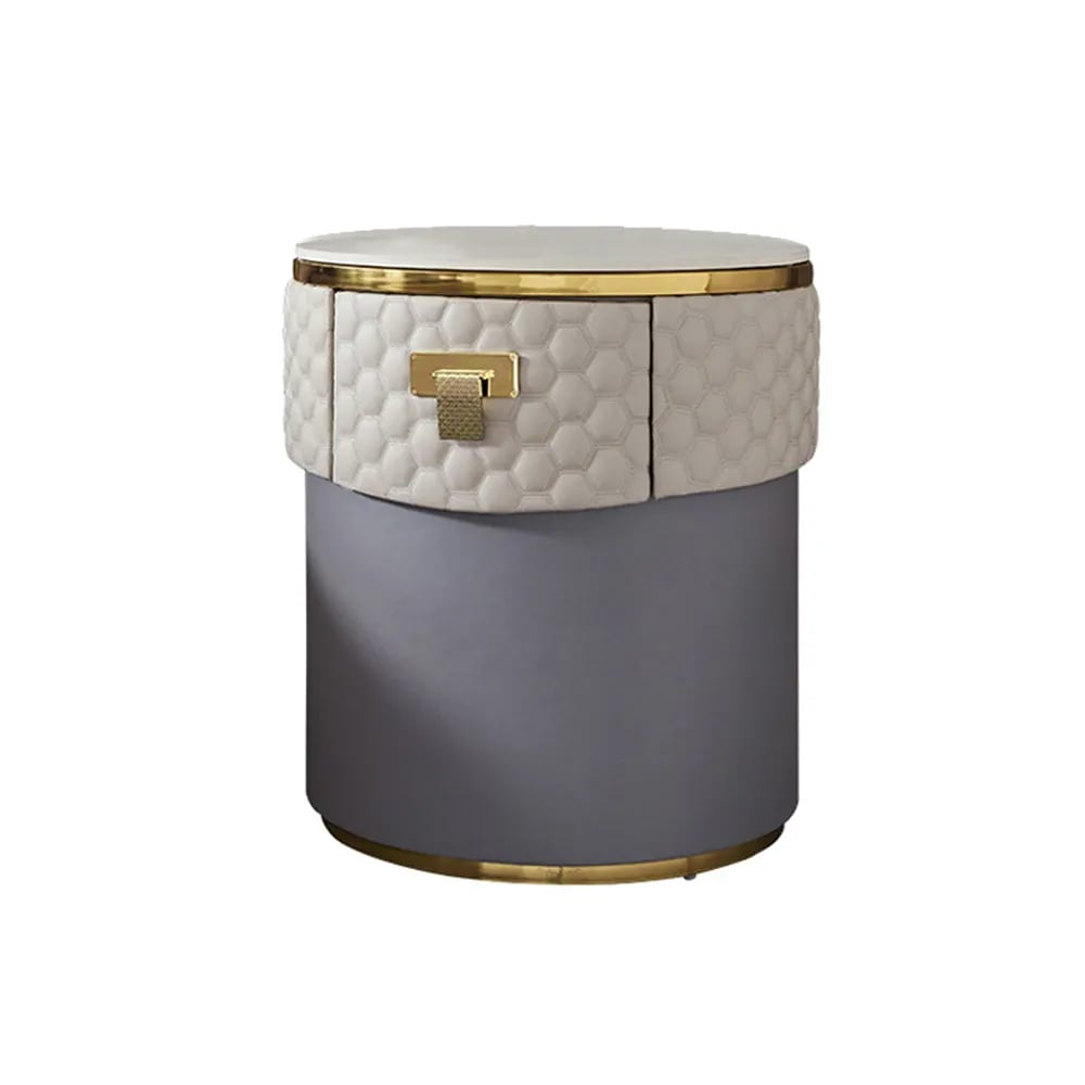 Modern Round Faux Leather Nightstand with Storage & Sintered Stone Top Bedside Table window image