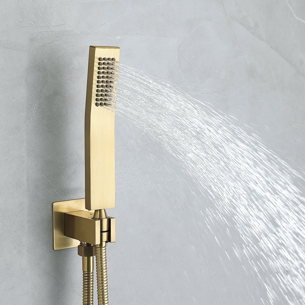 Waterfall Tub Spout Shower Faucet Set with Rain Shower Head Wall Mounted in Brushed Gold window image