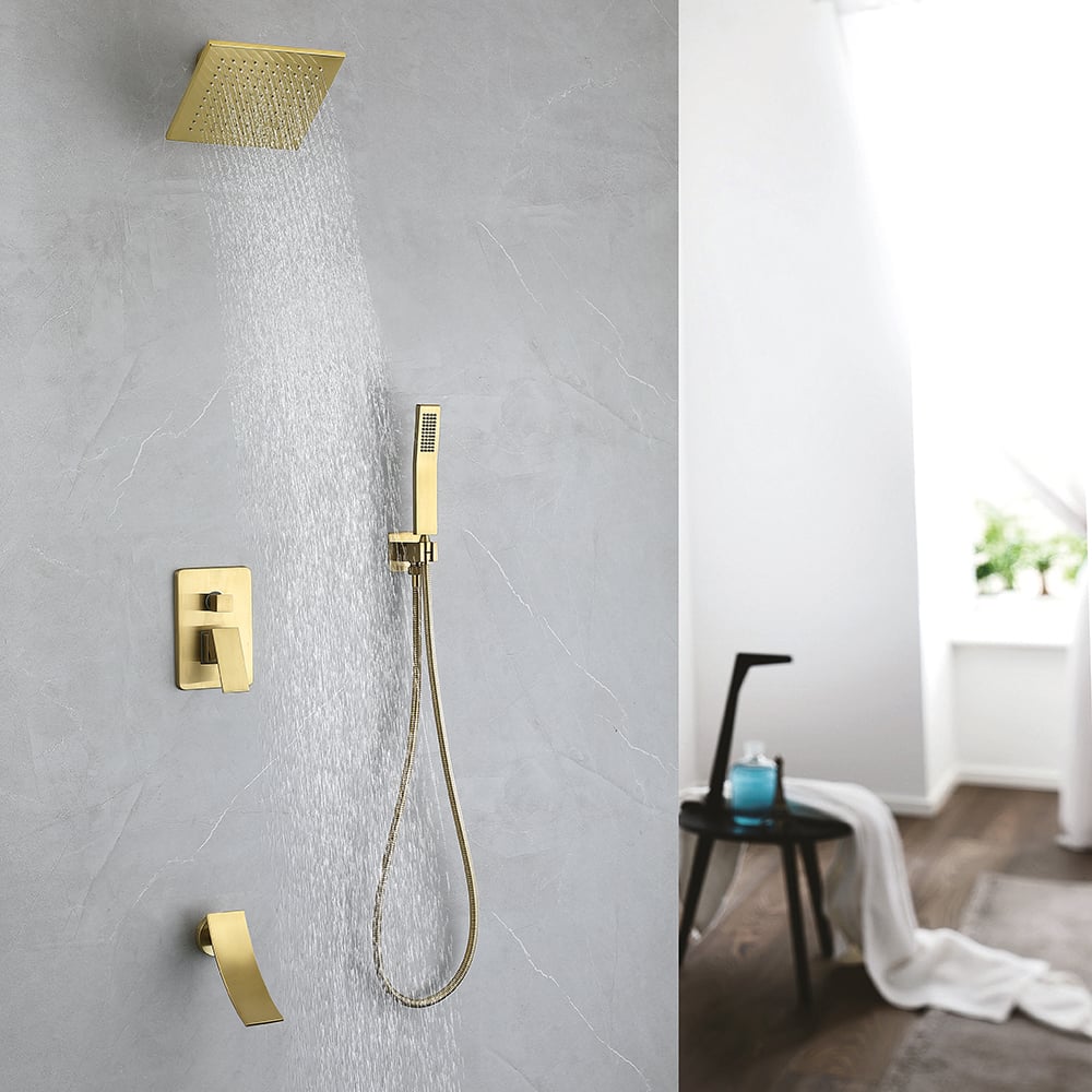 Waterfall Tub Spout Shower Faucet Set with Rain Shower Head Wall Mounted in Brushed Gold window image